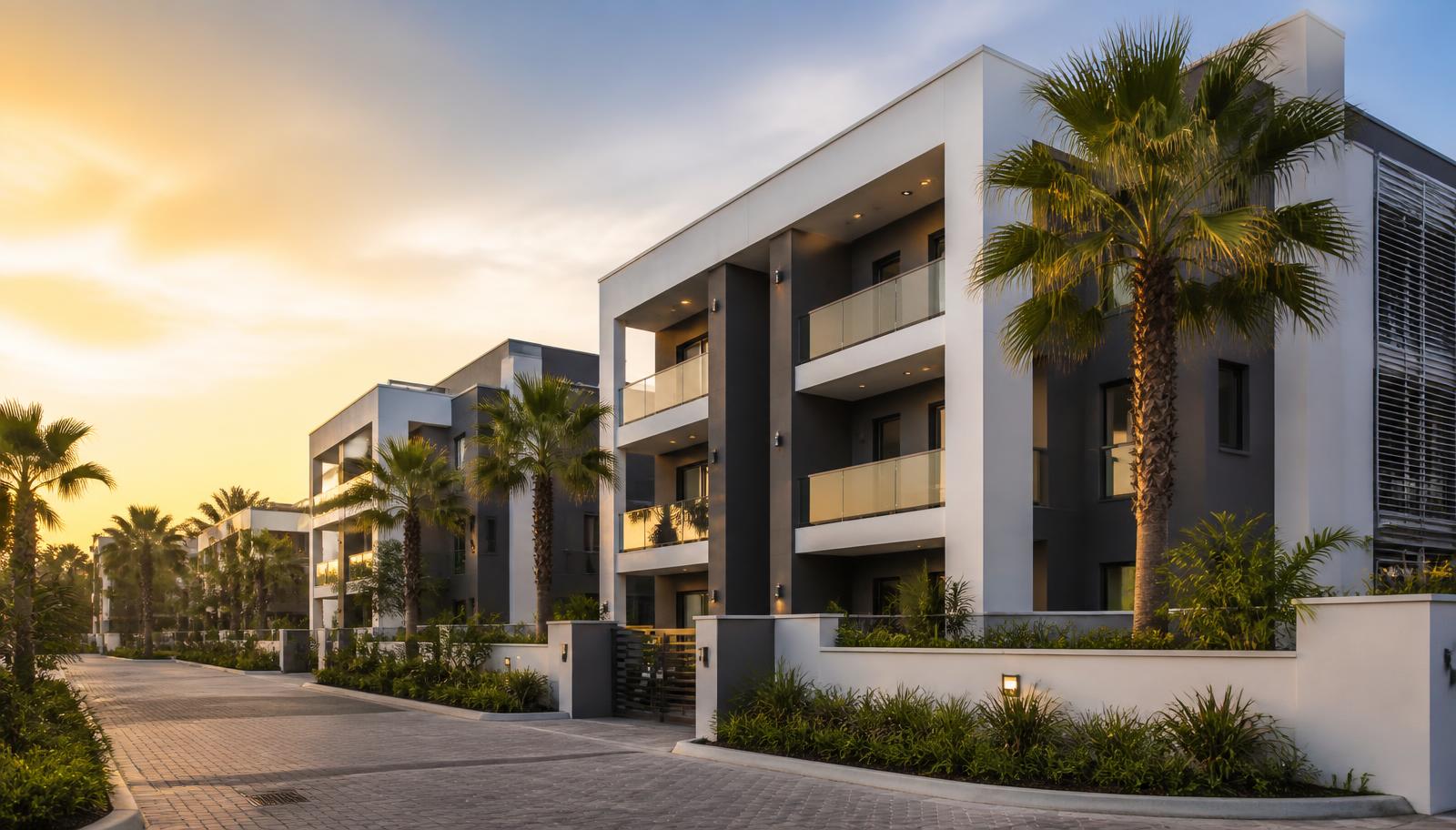 Modern residential estate at golden hour